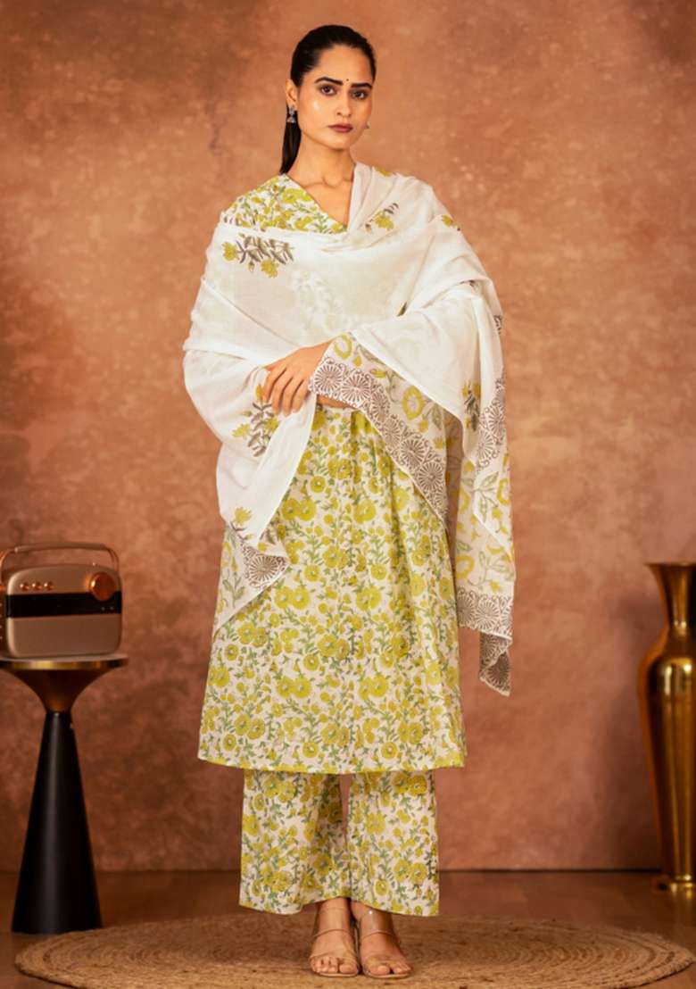 Yellow Floral Print Cotton A Line Kurta Set - Indya