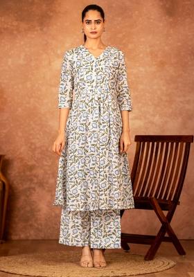 Blue Printed Cotton Kurta Set