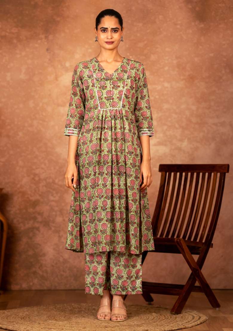 Green Printed Cotton A Line Kurta Set - Indya