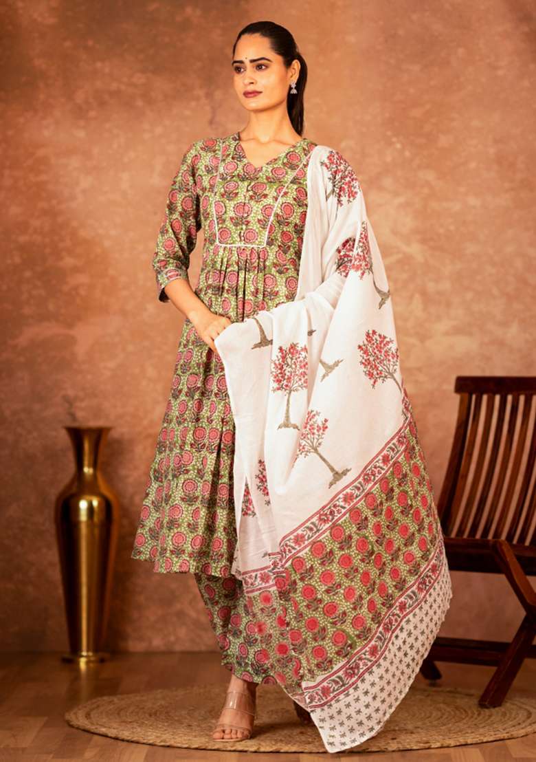 Green Printed Cotton A Line Kurta Set - Indya