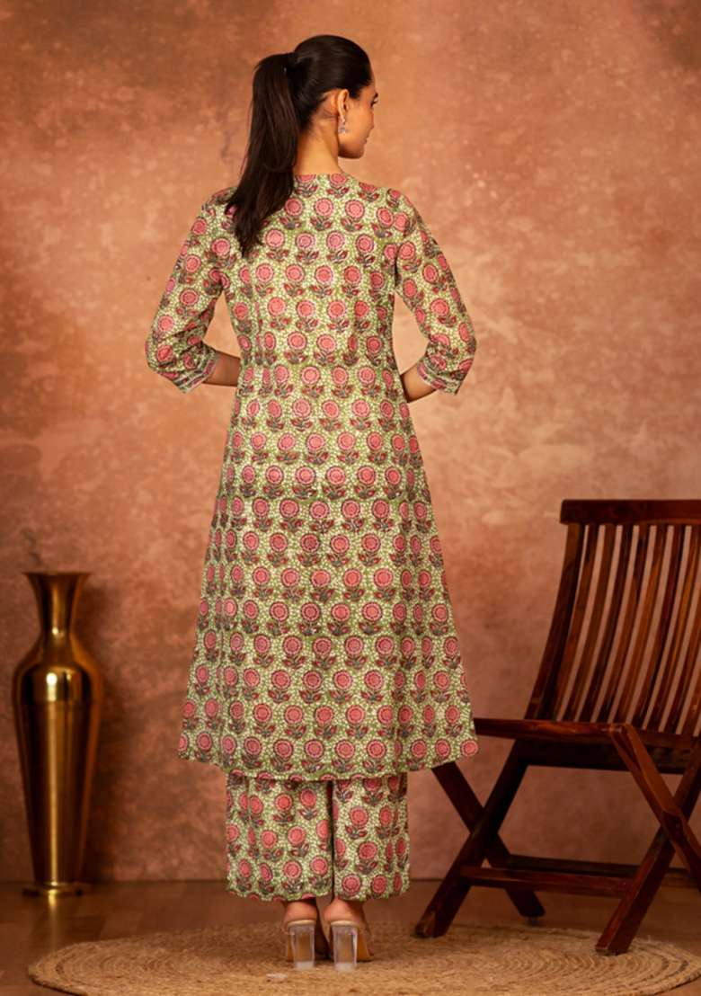 Green Printed Cotton A Line Kurta Set - Indya