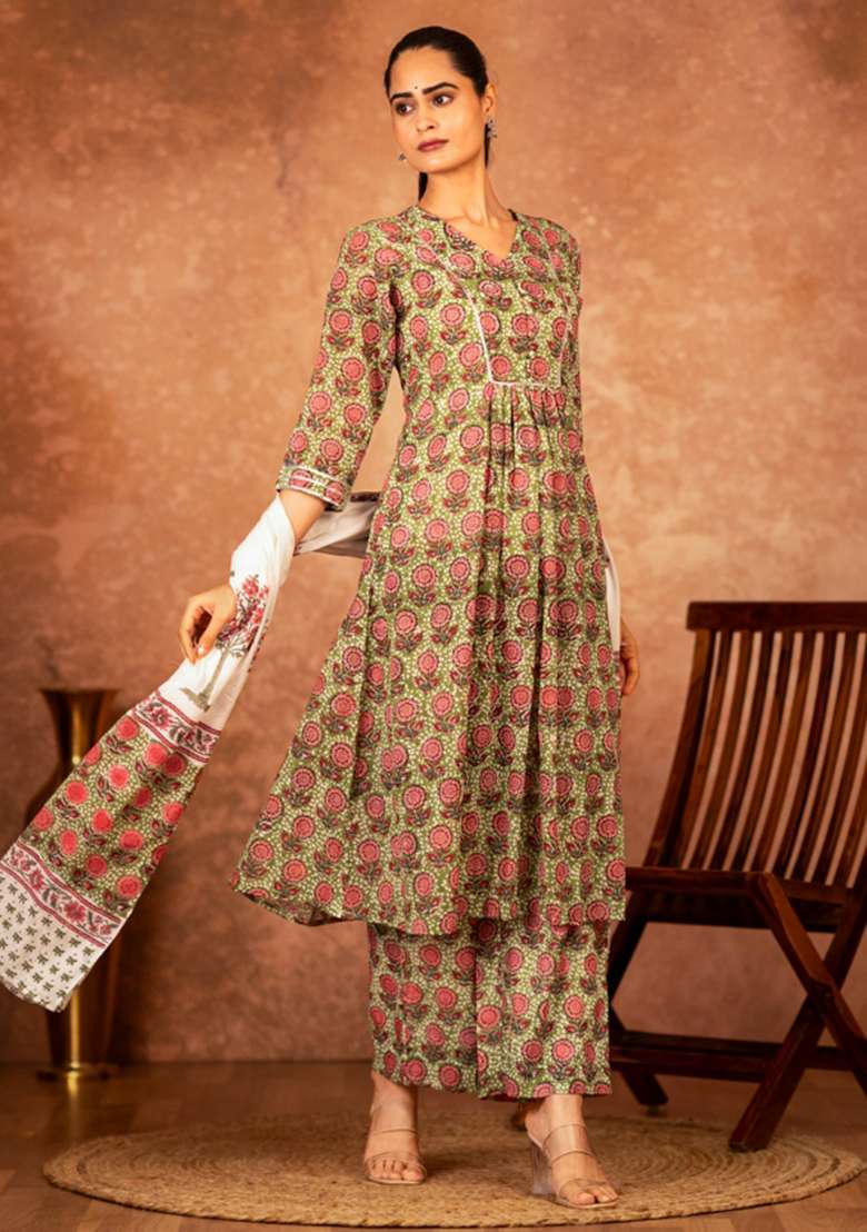 Green Printed Cotton A Line Kurta Set - Indya