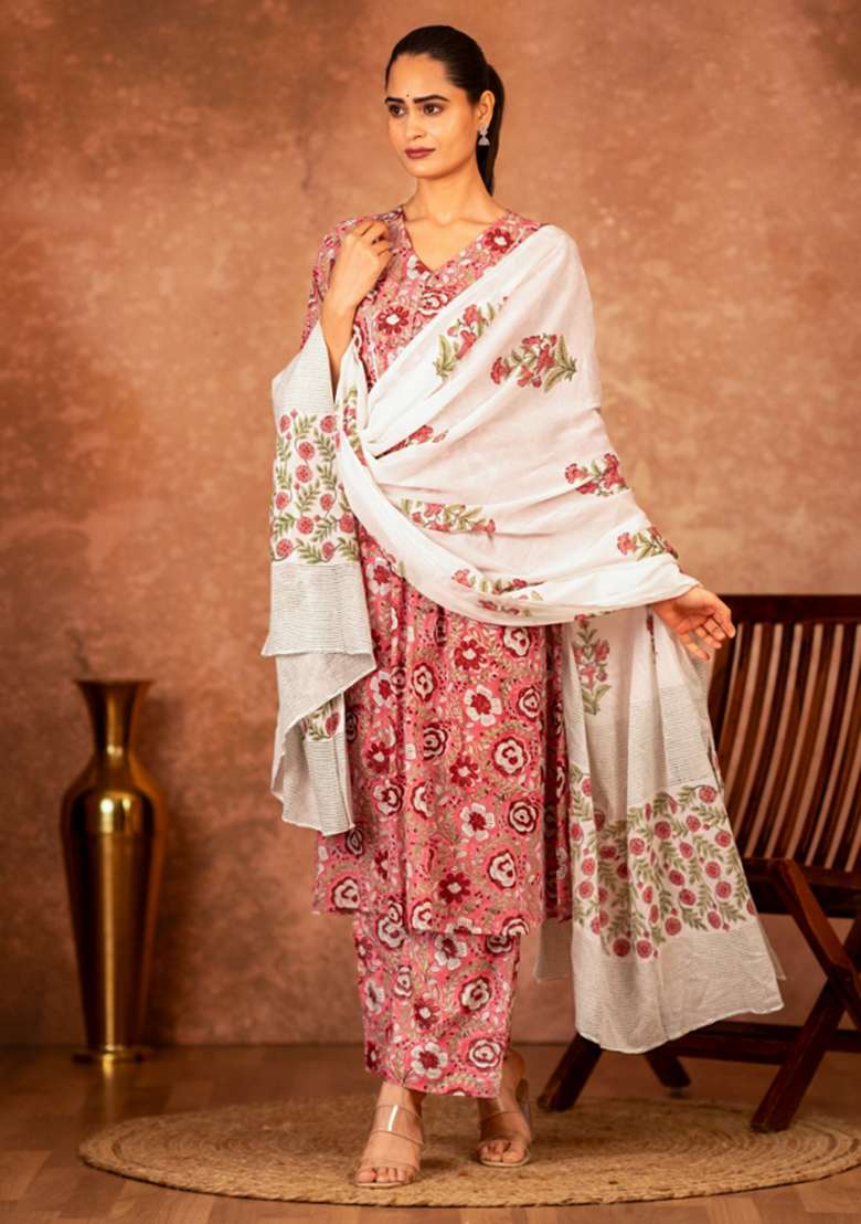 Pink Embroidered Cotton Straight Kurta Set - Indya
