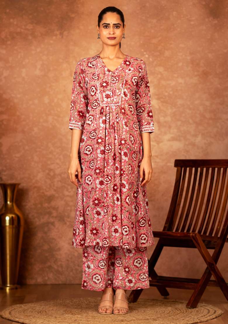 Pink Embroidered Cotton Straight Kurta Set - Indya