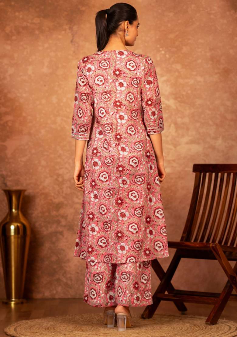Pink Embroidered Cotton Straight Kurta Set - Indya