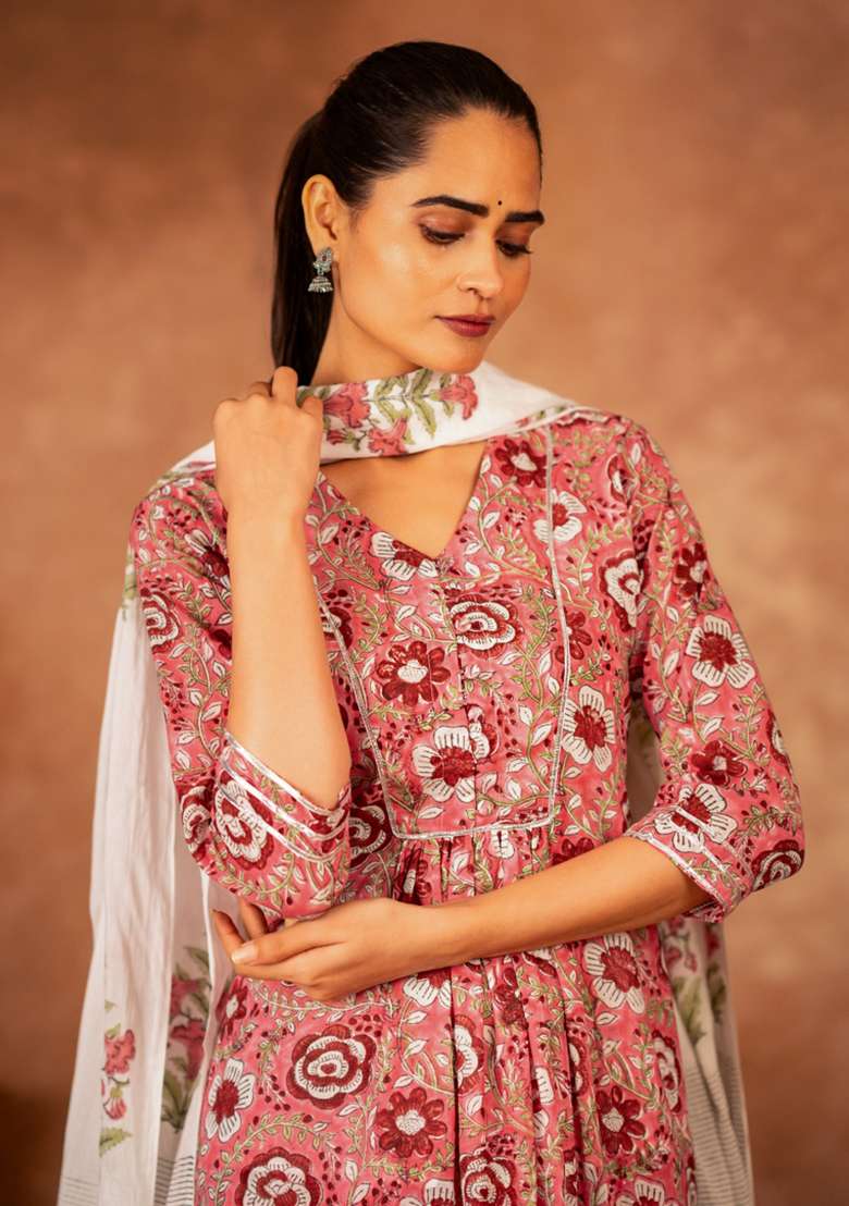 Pink Embroidered Cotton Straight Kurta Set - Indya