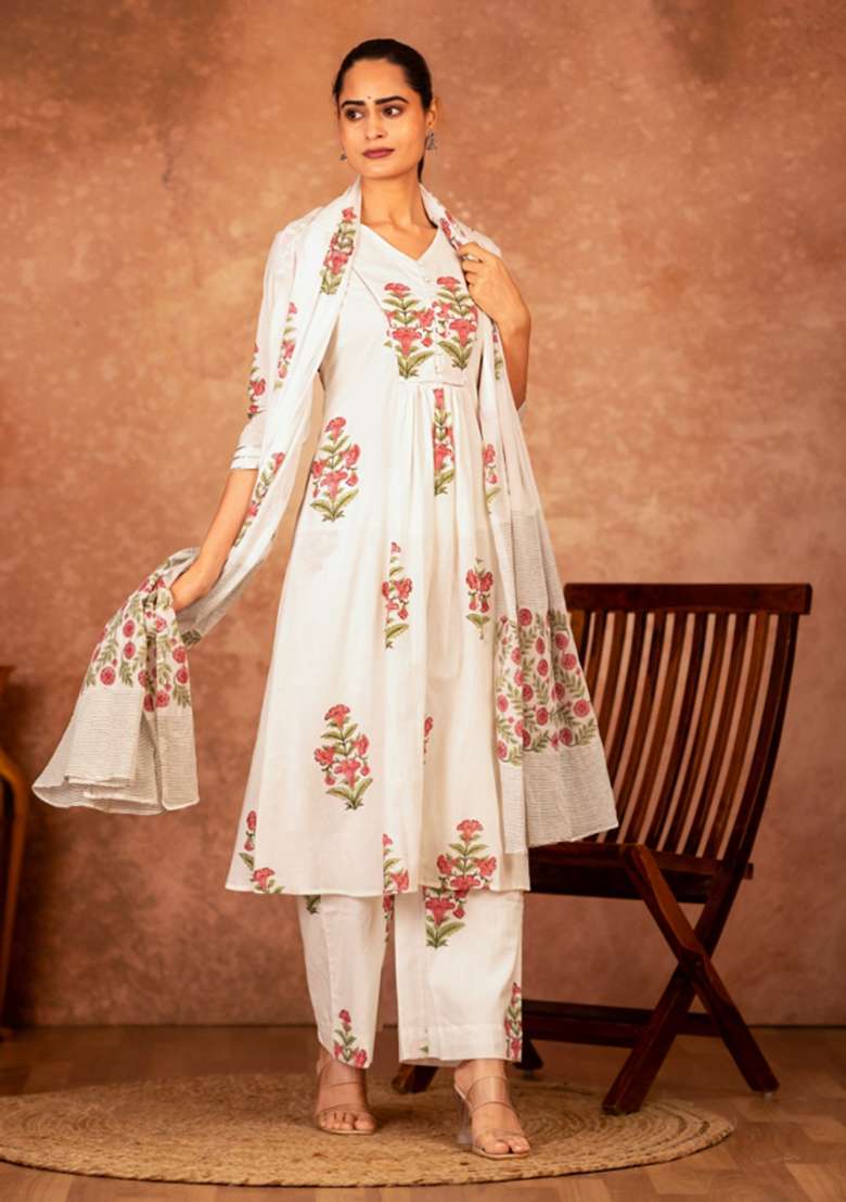 Pink Floral Print Cotton A Line Kurta Set - Indya