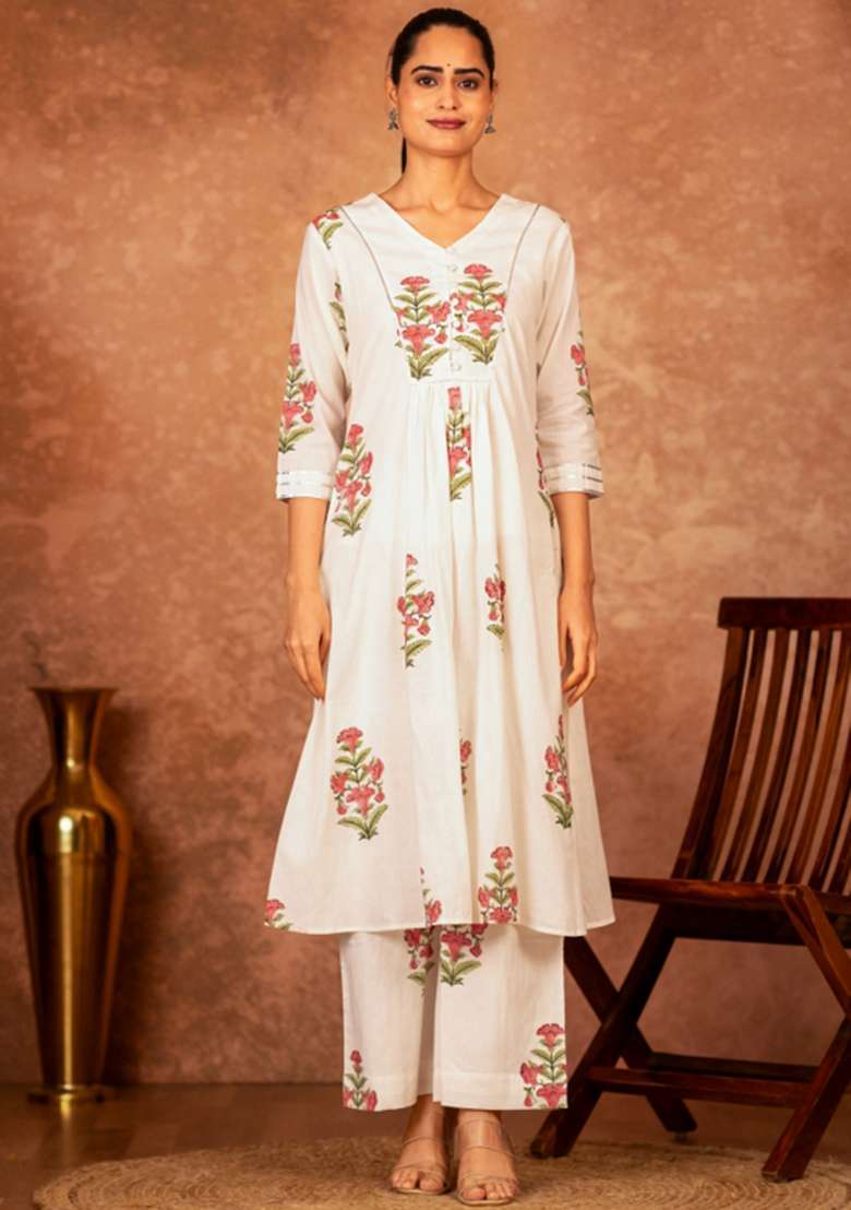 Pink Floral Print Cotton A Line Kurta Set - Indya