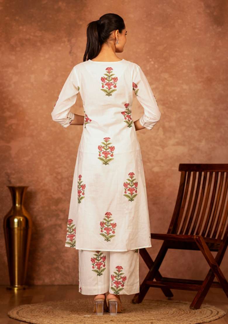 Pink Floral Print Cotton A Line Kurta Set - Indya