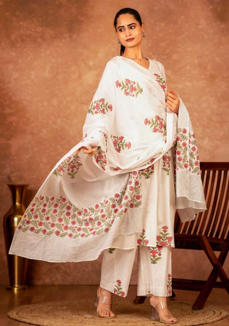 Pink Floral Print Cotton A Line Kurta Set - Indya