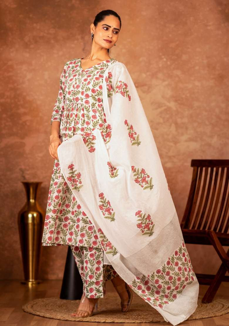 Red Floral Print Cotton A Line Kurta Set - Indya