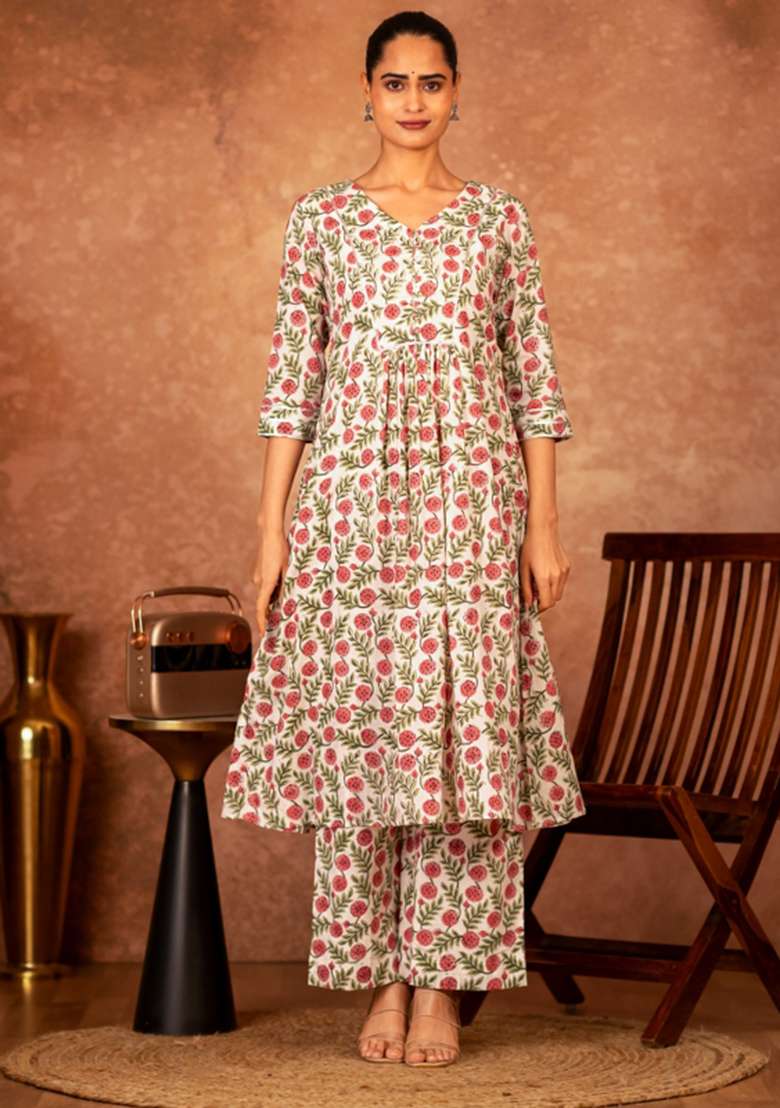 Red Floral Print Cotton A Line Kurta Set - Indya