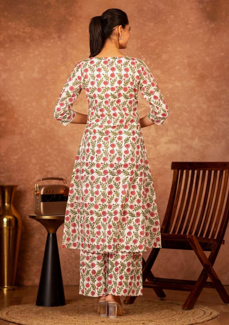 Red Floral Print Cotton A Line Kurta Set - Indya