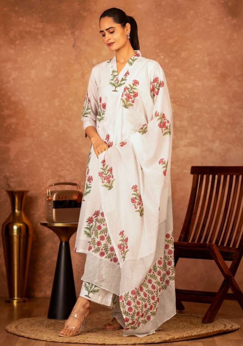 Pink Floral Print Cotton Straight Kurta Set - Indya