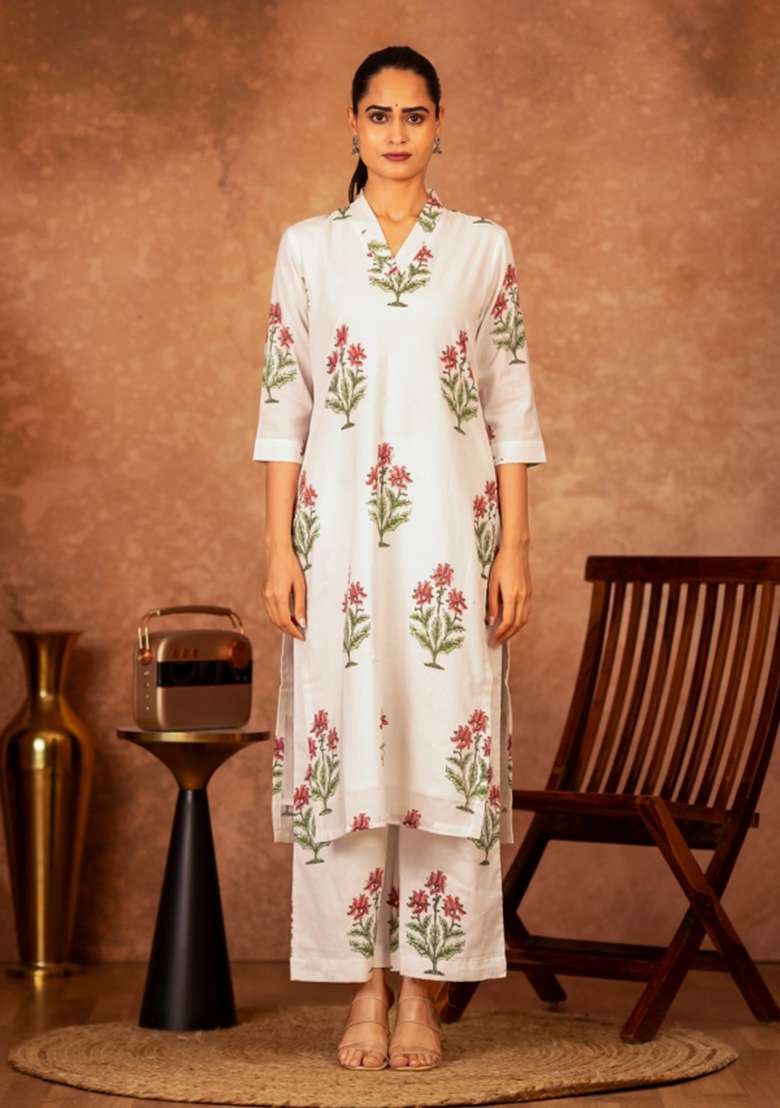 Pink Floral Print Cotton Straight Kurta Set - Indya