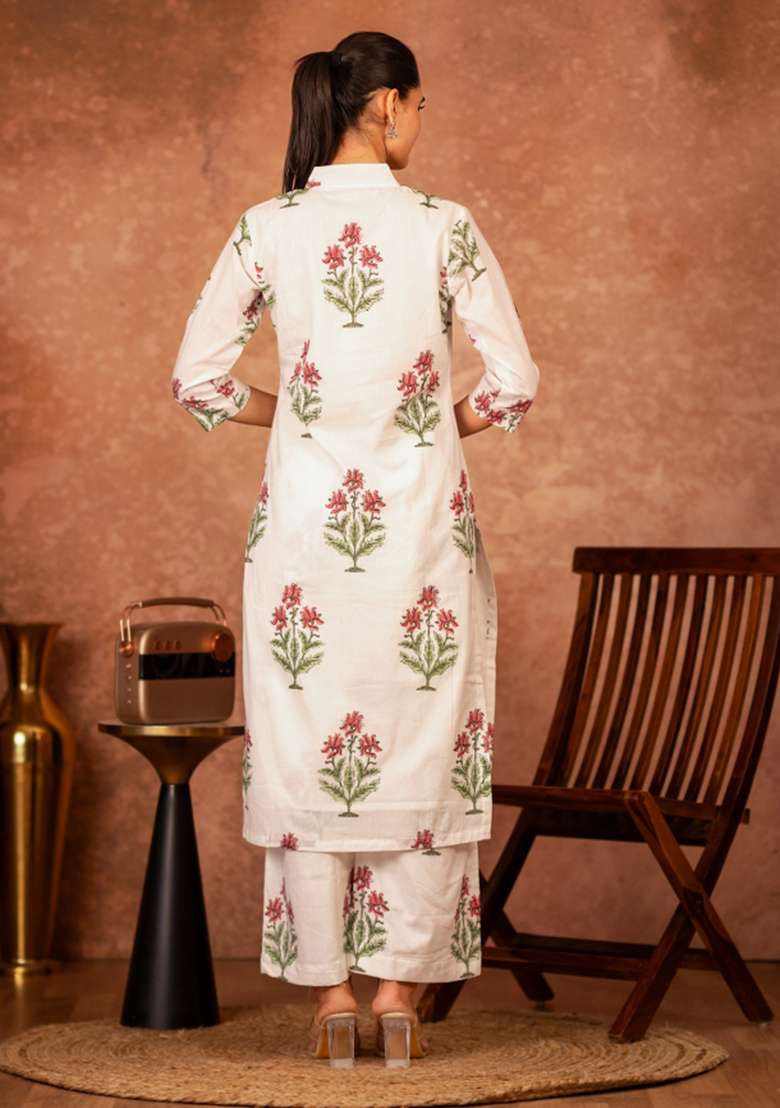 Pink Floral Print Cotton Straight Kurta Set - Indya