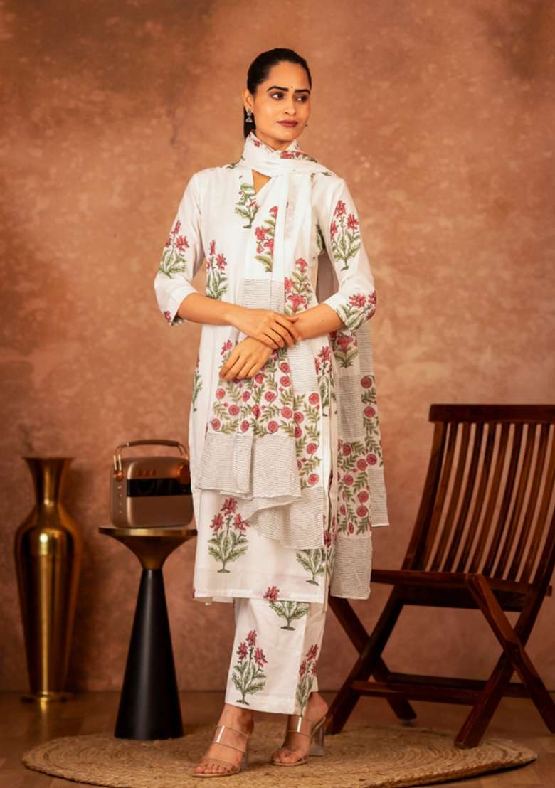 Pink Floral Print Cotton Straight Kurta Set - Indya