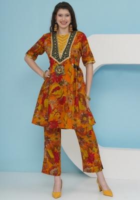 Mustard Embroidered Silk Kurta Set