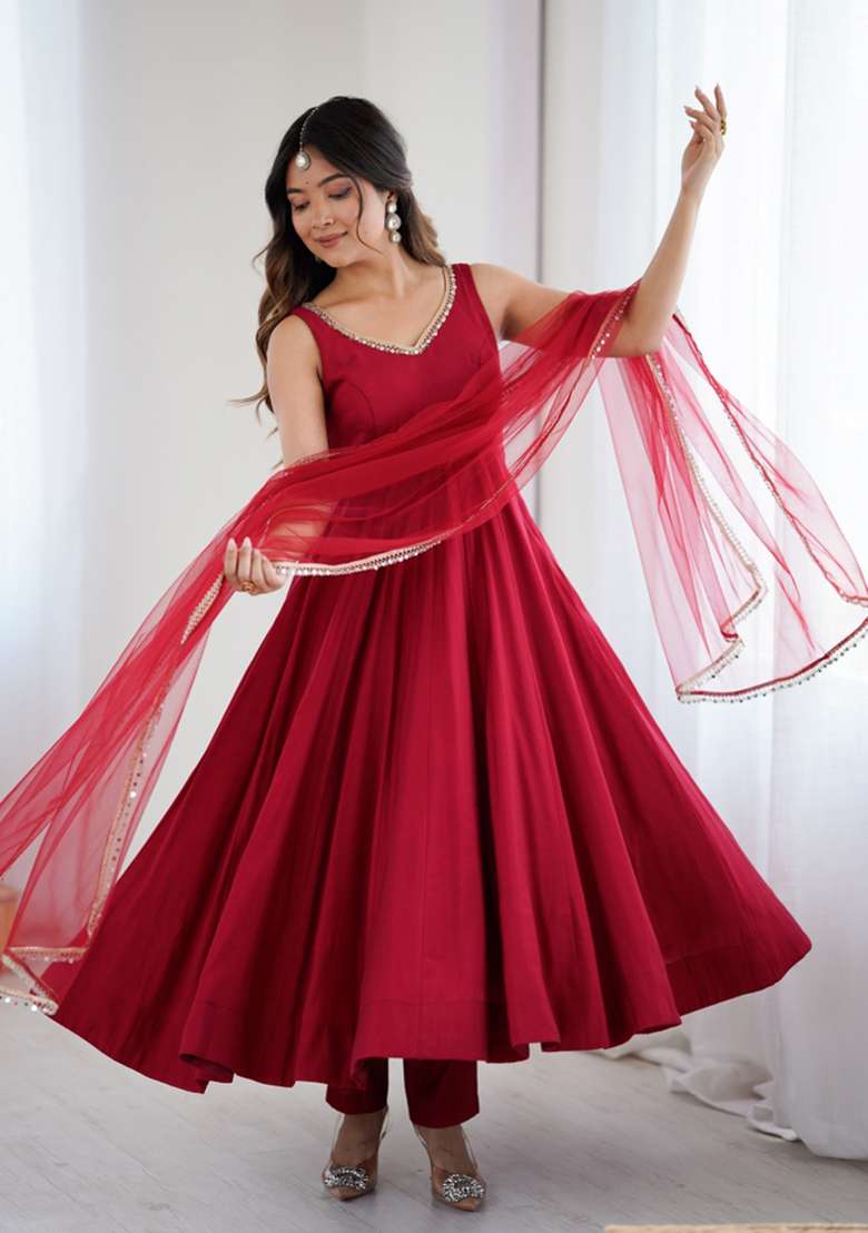 Maroon Solid Silk Blend Anarkali Set - Indya