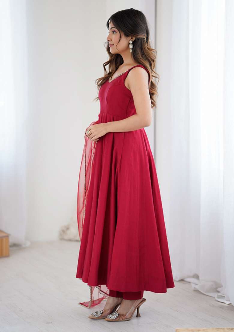 Maroon Solid Silk Blend Anarkali Set - Indya