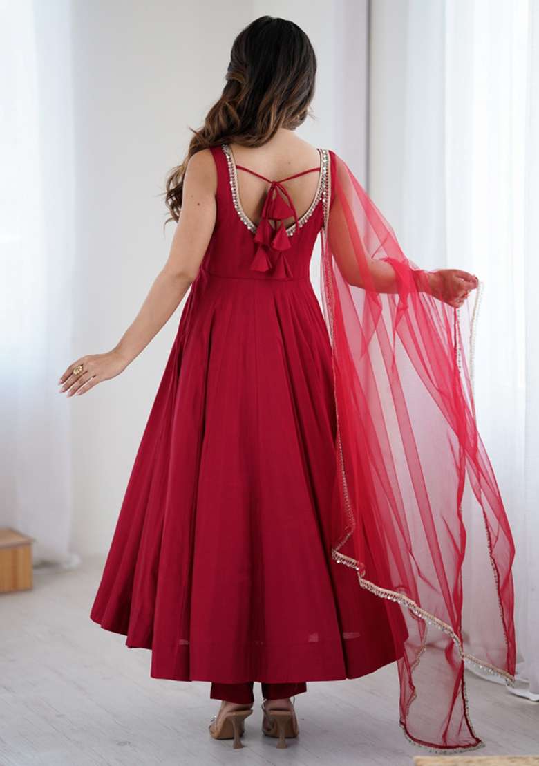 Maroon Solid Silk Blend Anarkali Set - Indya
