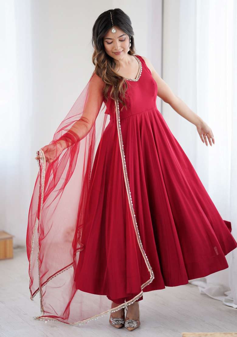 Maroon Solid Silk Blend Anarkali Set - Indya