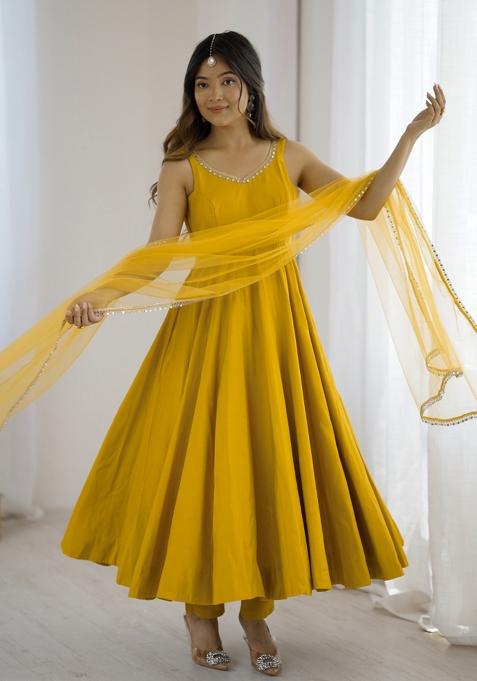 Yellow Embroidered Silk Kurta Set