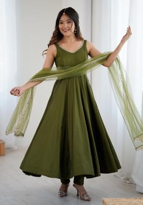 Mehendi Embroidered Silk Kurta Set