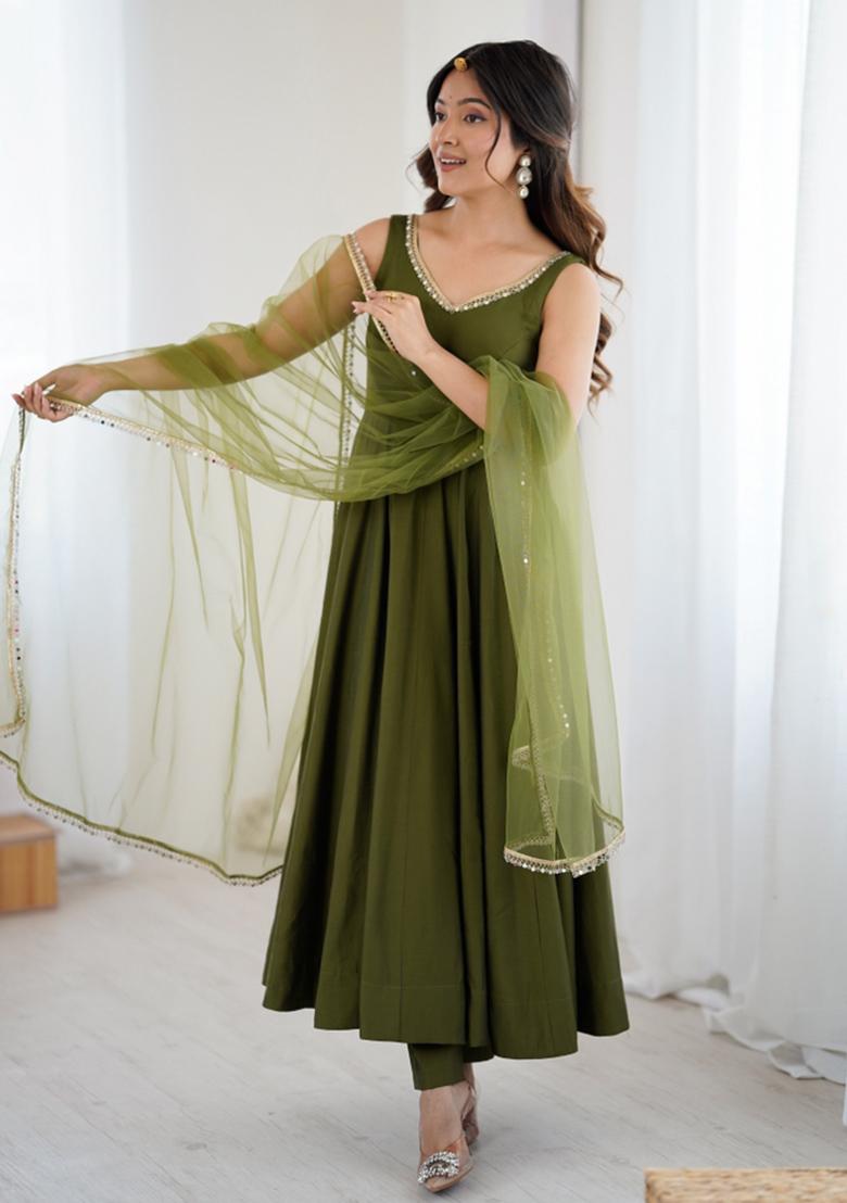 Mehendi Embroidered Silk Kurta Set - Indya
