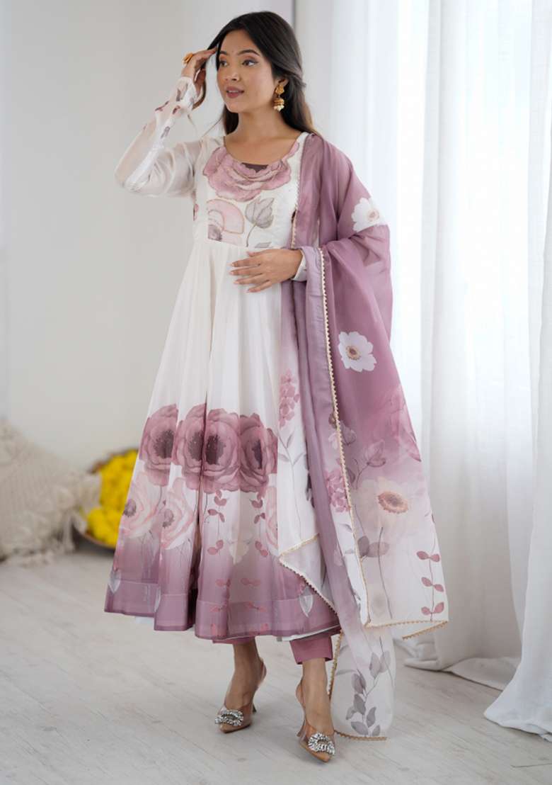 White Onion Floral Print Silk Blend Anarkali Set - Indya