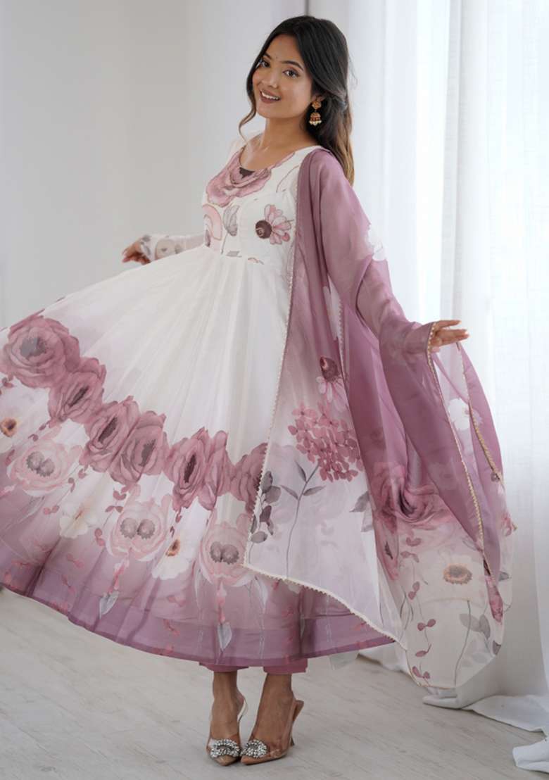 White Onion Floral Print Silk Blend Anarkali Set - Indya