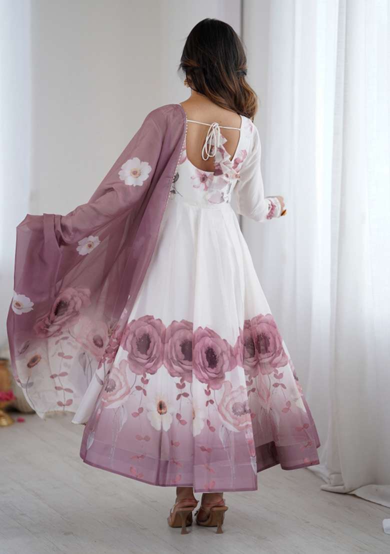White Onion Floral Print Silk Blend Anarkali Set - Indya