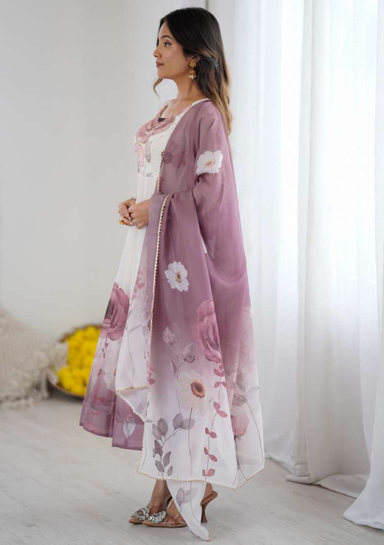 White Onion Floral Print Silk Blend Anarkali Set - Indya