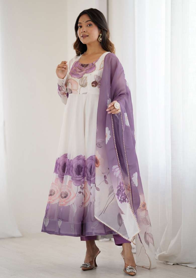 White Floral Print Silk Blend Anarkali Set - Indya