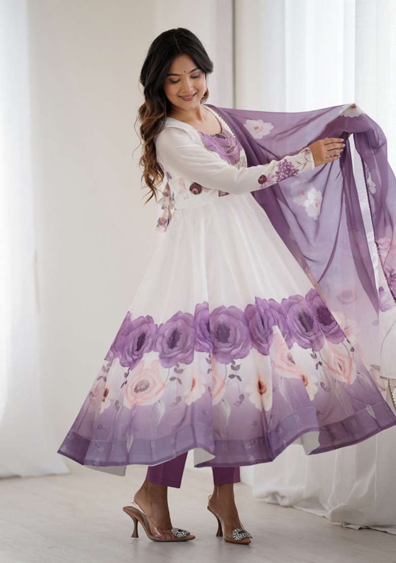 White Floral Print Silk Blend Anarkali Set - Indya