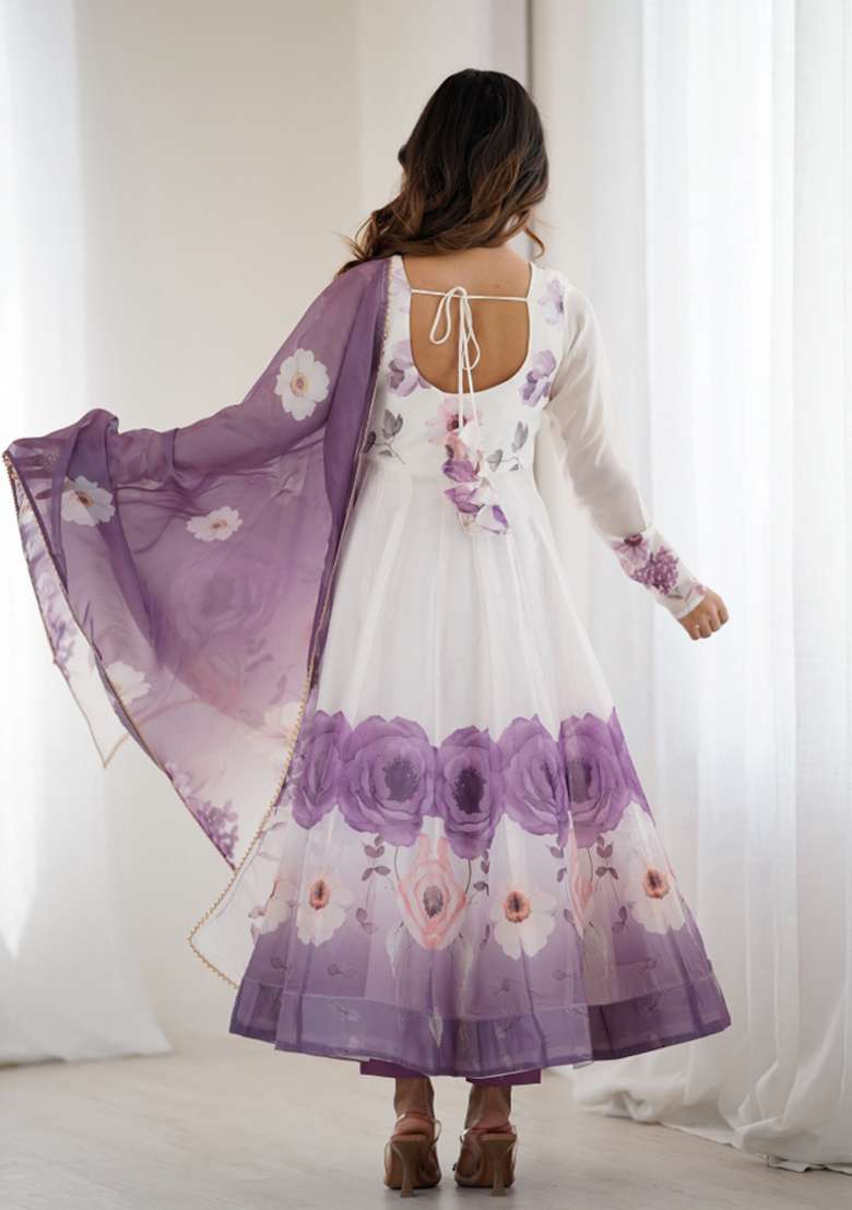White Floral Print Silk Blend Anarkali Set - Indya