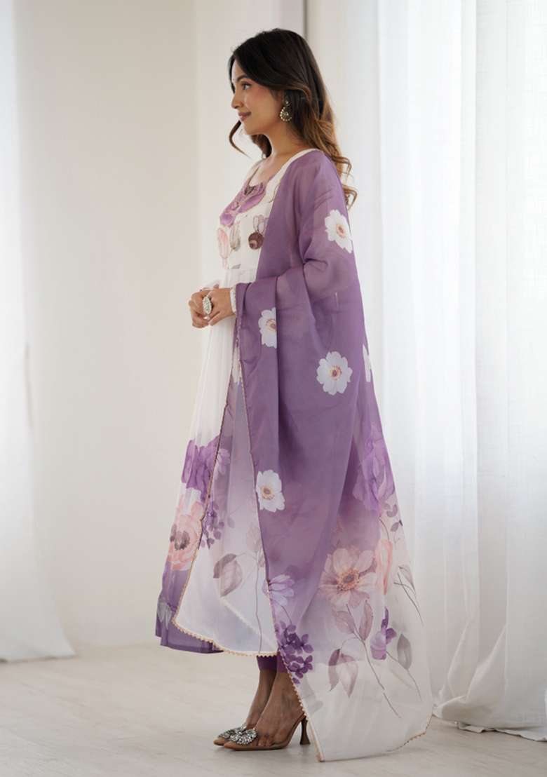 White Floral Print Silk Blend Anarkali Set - Indya