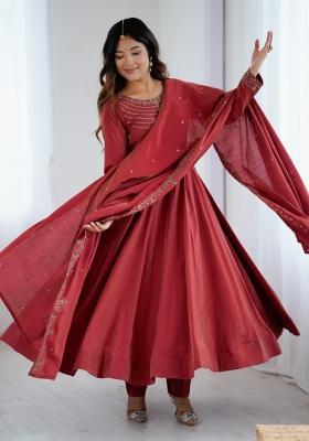 Maroon Embroidered Silk Kurta Set