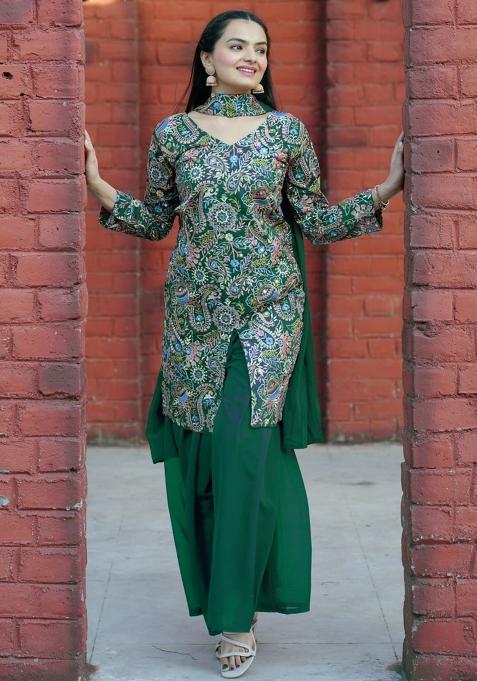 Green Printed Silk Sharara Set — view on Indya
