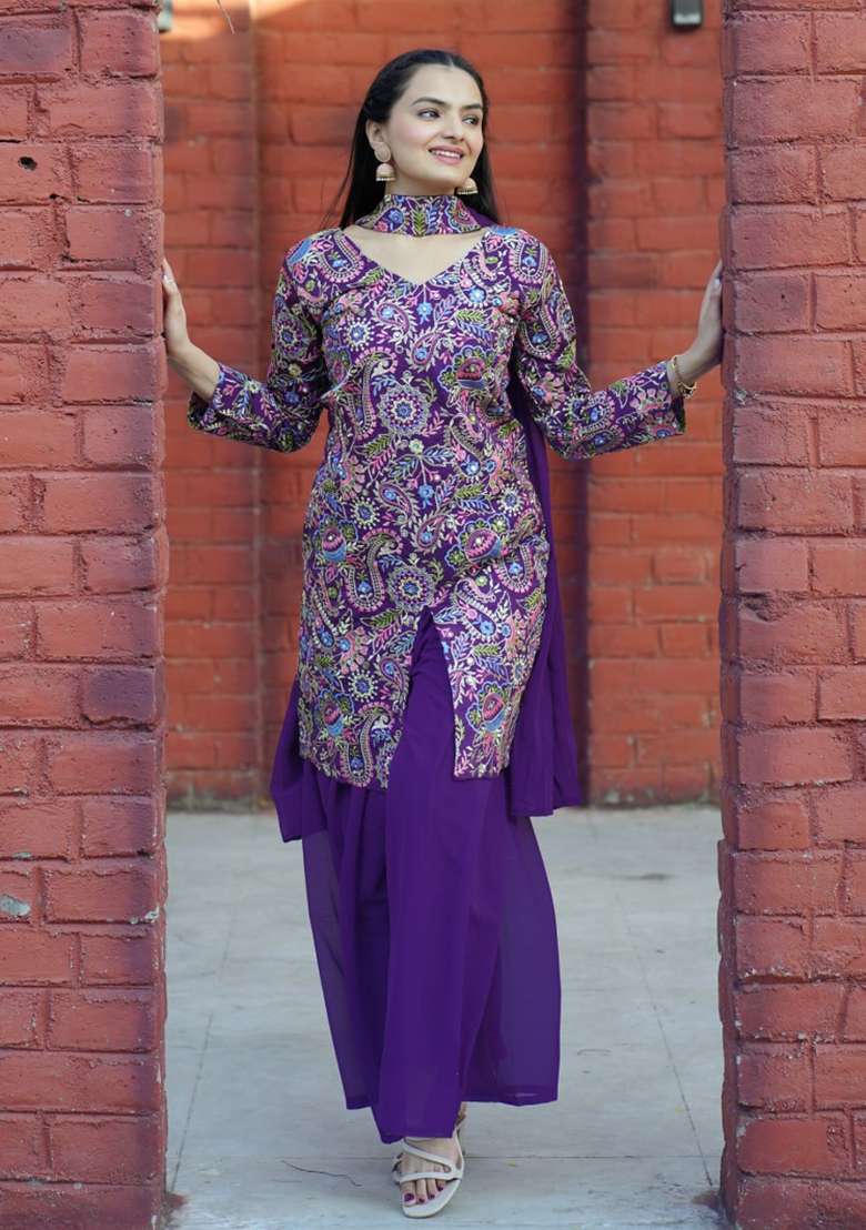 Violet Printed Silk Blend Sharara Set - Indya