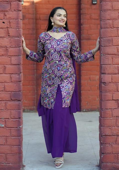 Violet Printed Silk Sharara Set — view on Indya