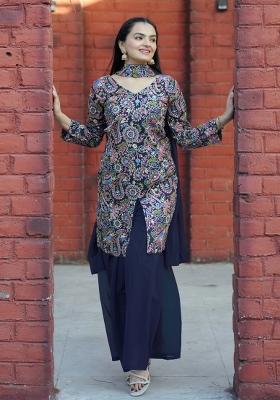 Blue Printed Silk Blend Sharara Set