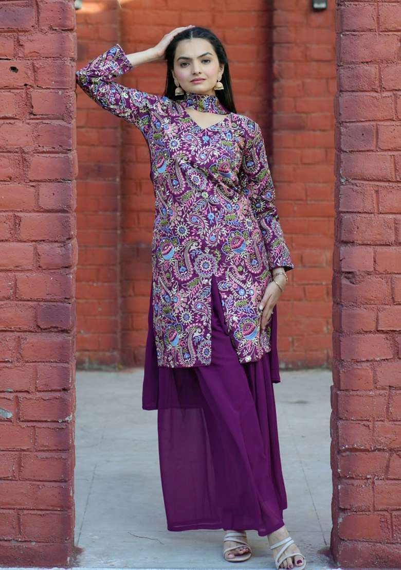 Wine Printed Silk Blend Sharara Set - Indya