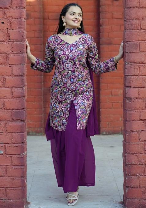 Wine Printed Silk Sharara Set — view on Indya