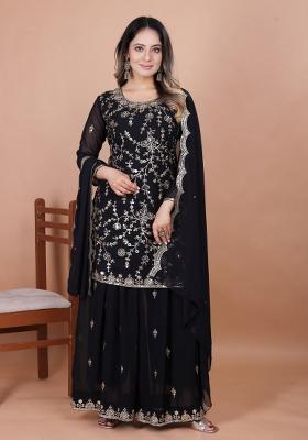 Black Embroidered Georgette Sharara Set
