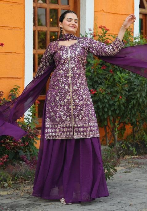 Purple Embroidered Silk Sharara Set — view on Indya