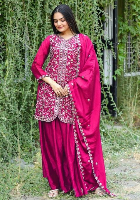 Pink Embroidered Silk Sharara Set — view on Indya