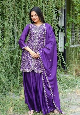 Violet Embroidered Silk Blend Sharara Set