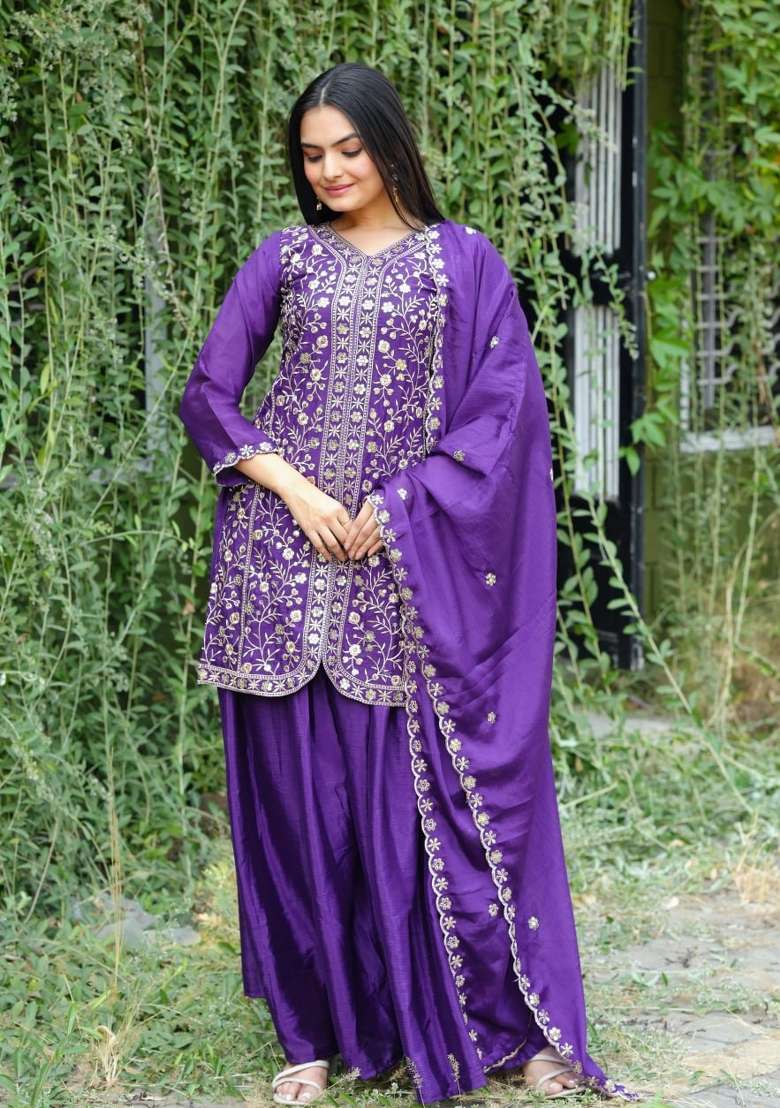 Violet Embroidered Silk Blend Sharara Set - Indya