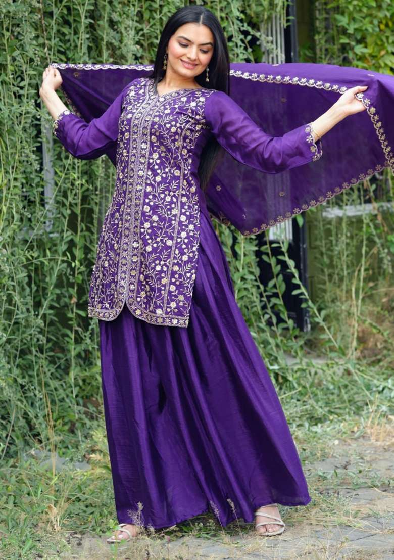 Violet Embroidered Silk Blend Sharara Set - Indya